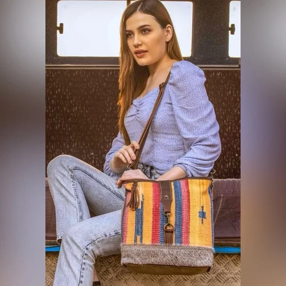 Myra Bag Yellow Western Shoulder Bag Gray Hairon Cowhide Canvas & Leather EUC - Picture 1 of 11